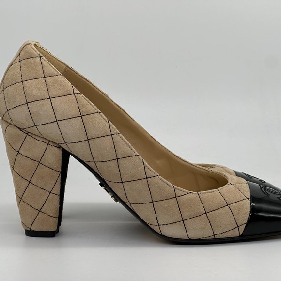 CHANEL 22B Quilted Suede Patent Cap Toe Pumps Heels Shoes - Picture 6 of 14